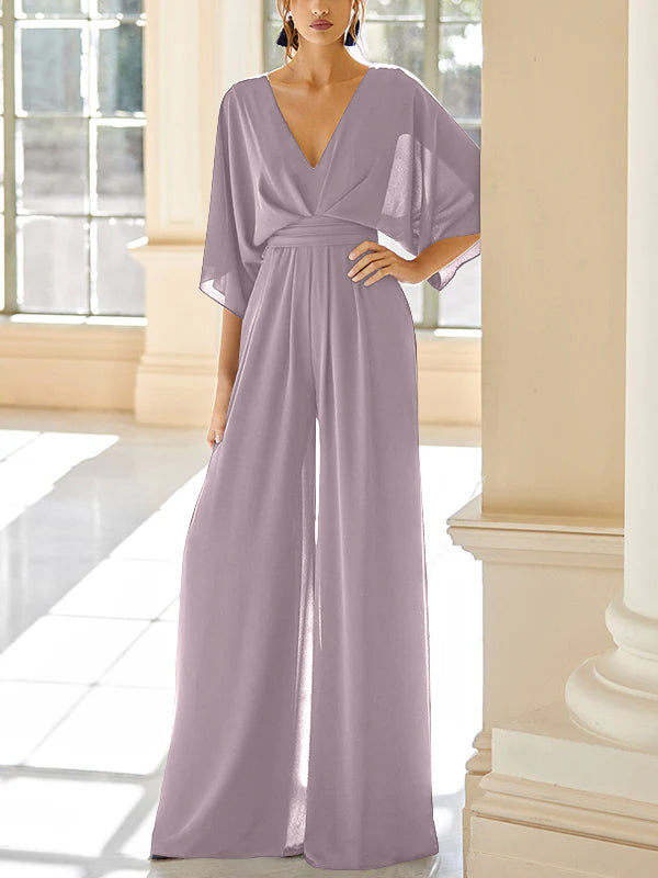 Chiffon V-Neck Mother of the Bride Pantsuits with Pockets