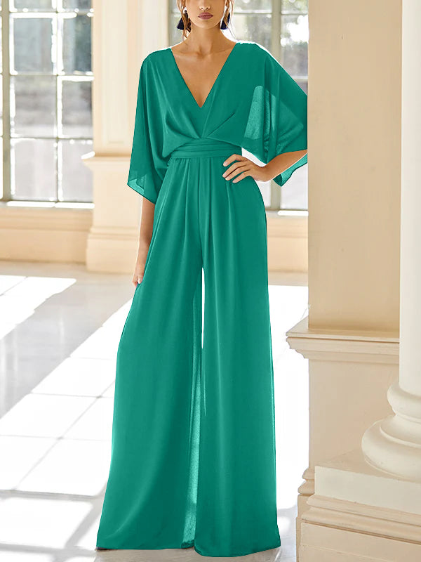 Chiffon V-Neck Mother of the Bride Pantsuits with Pockets
