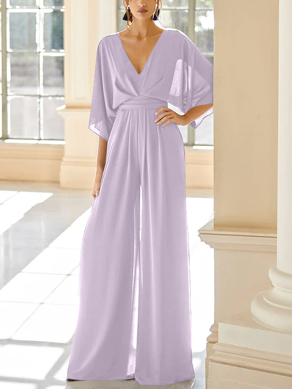 Chiffon V-Neck Mother of the Bride Pantsuits with Pockets