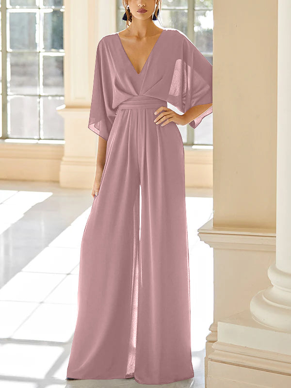 Chiffon V-Neck Mother of the Bride Pantsuits with Pockets