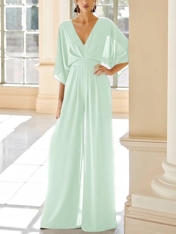 Chiffon V-Neck Mother of the Bride Pantsuits with Pockets