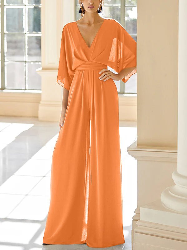 Chiffon V-Neck Mother of the Bride Pantsuits with Pockets