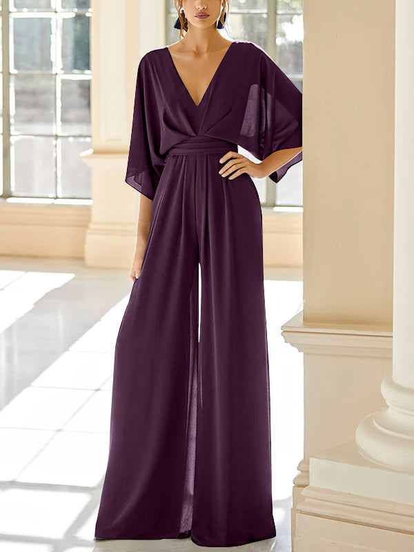 Chiffon V-Neck Mother of the Bride Pantsuits with Pockets