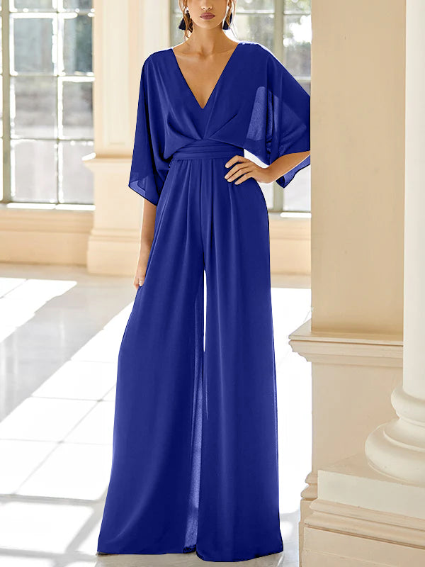 Chiffon V-Neck Mother of the Bride Pantsuits with Pockets