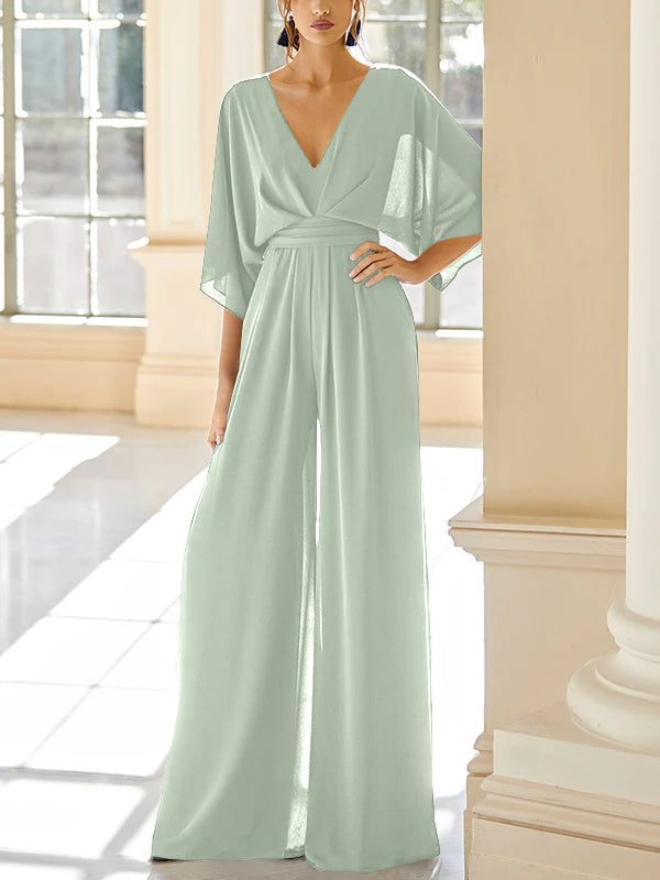 Chiffon V-Neck Mother of the Bride Pantsuits with Pockets