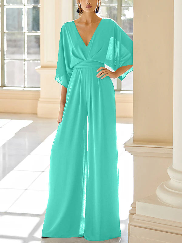 Chiffon V-Neck Mother of the Bride Pantsuits with Pockets