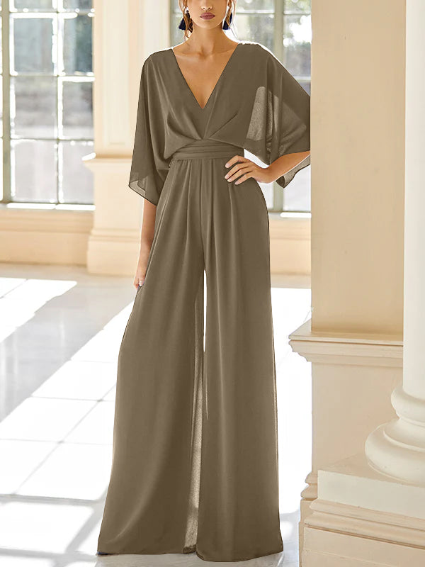 Chiffon V-Neck Mother of the Bride Pantsuits with Pockets
