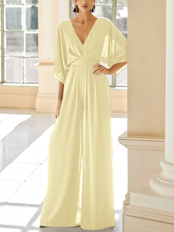Chiffon V-Neck Mother of the Bride Pantsuits with Pockets