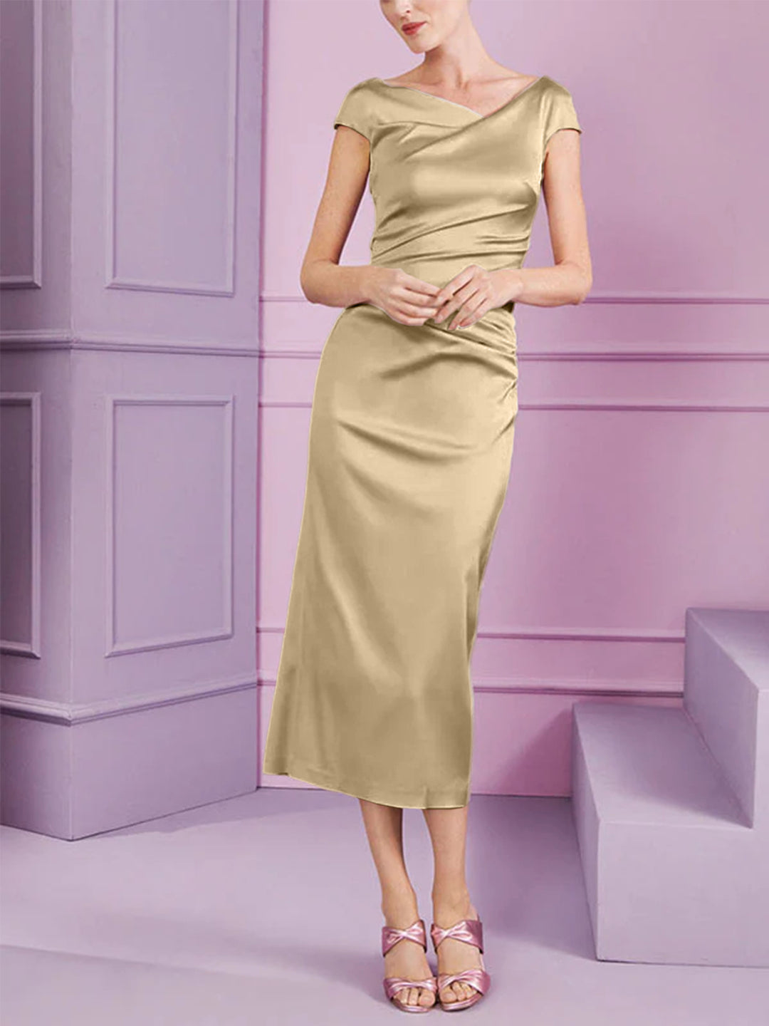 Sheath/Column Cowl Neck Tea-Length Mother of the Bride Dresses