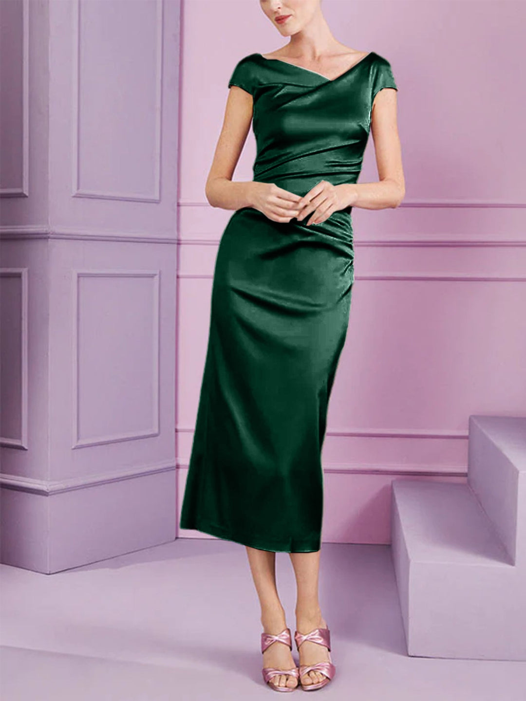 Sheath/Column Cowl Neck Short Sleeves Tea-Length Mother of the Bride Dresses with Ruffles