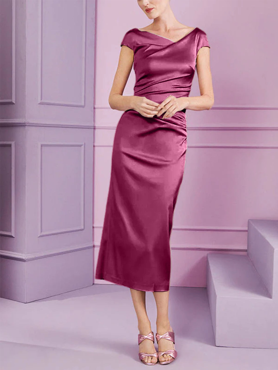 Sheath/Column Cowl Neck Tea-Length Mother of the Bride Dresses