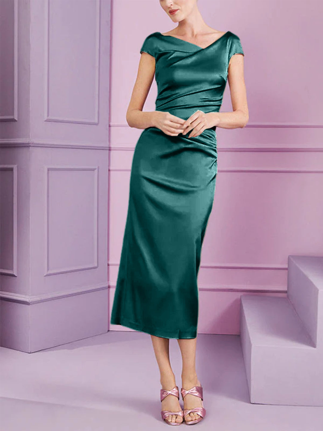 Sheath/Column Cowl Neck Tea-Length Mother of the Bride Dresses