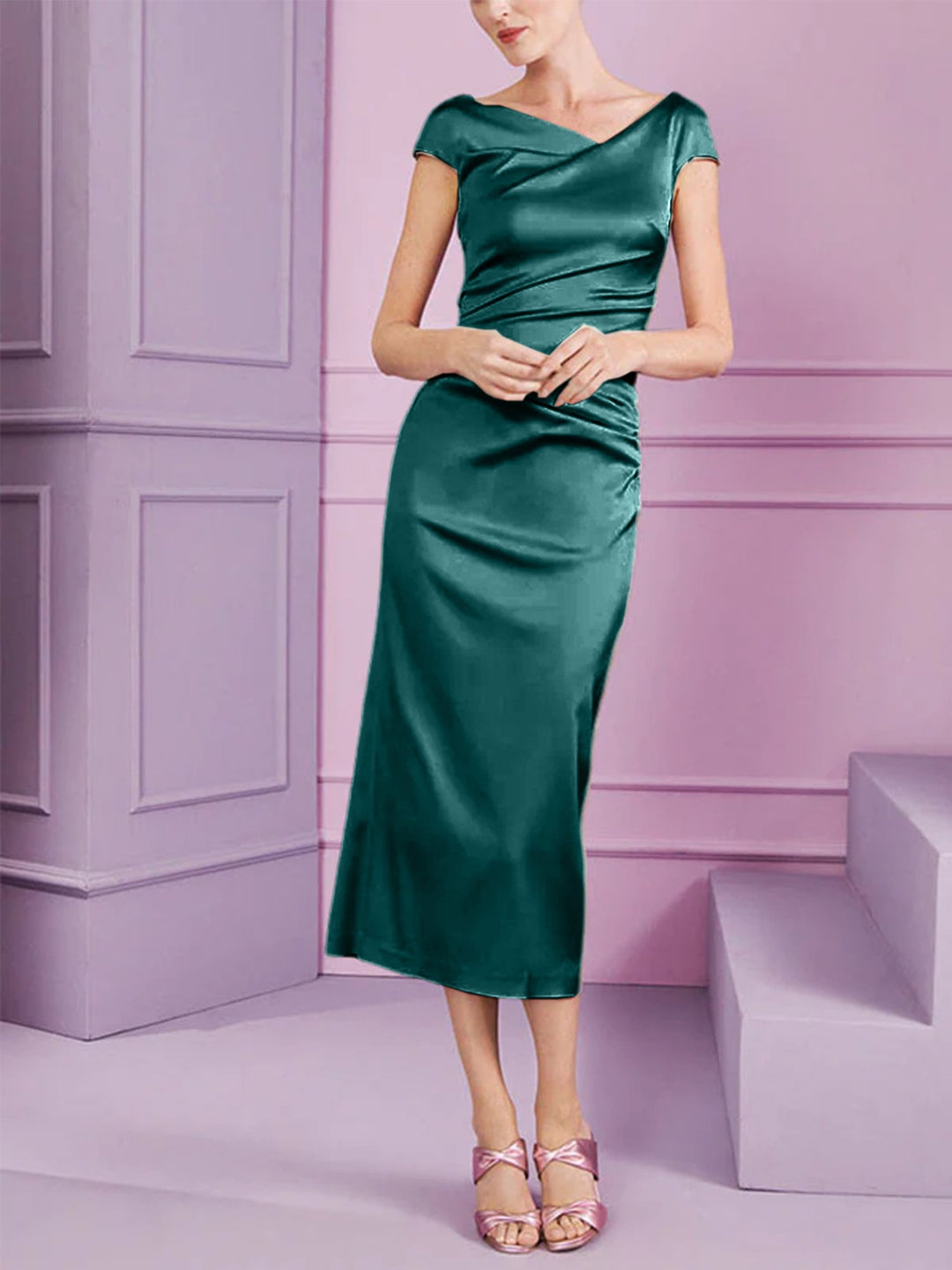 Sheath/Column Cowl Neck Short Sleeves Tea-Length Mother of the Bride Dresses with Ruffles