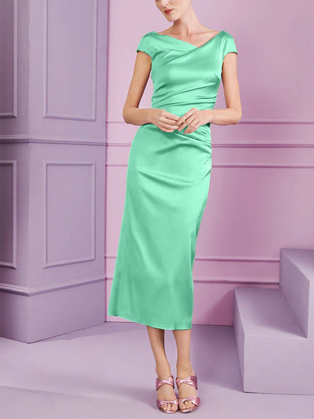 Sheath/Column Cowl Neck Tea-Length Mother of the Bride Dresses