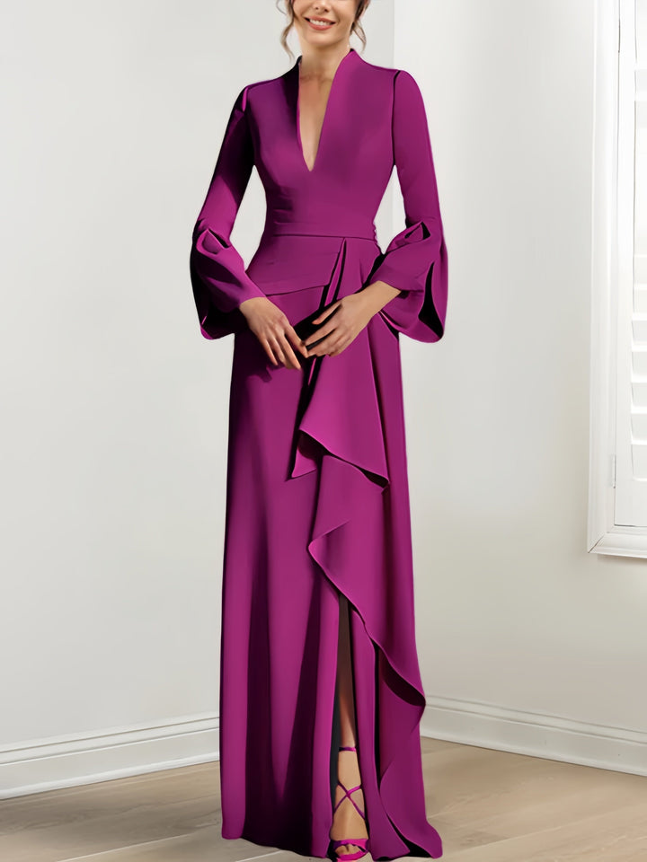 Sheath/Column V-Neck Long Sleeves Floor-Length Mother of the Bride Dresses With Split Side