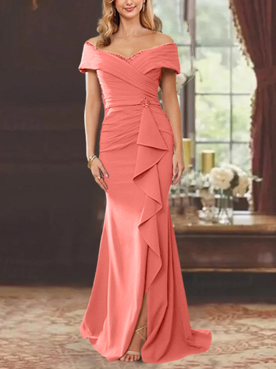 Sheath/Column Off-the-Shoulder Sleeveless Floor-Length Mother of the Bride Dresses With Ruffles