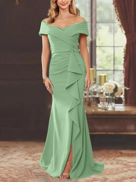 Sheath/Column Off-the-Shoulder Sleeveless Floor-Length Mother of the Bride Dresses With Ruffles