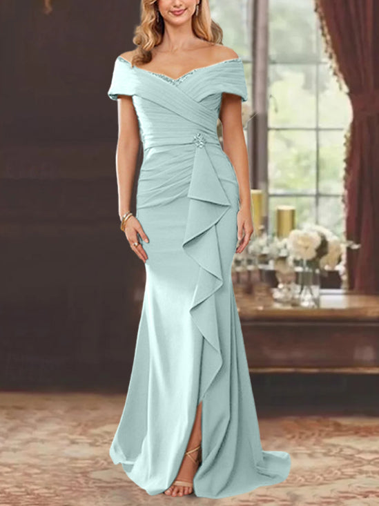 Sheath/Column Off-the-Shoulder Sleeveless Floor-Length Mother of the Bride Dresses With Ruffles