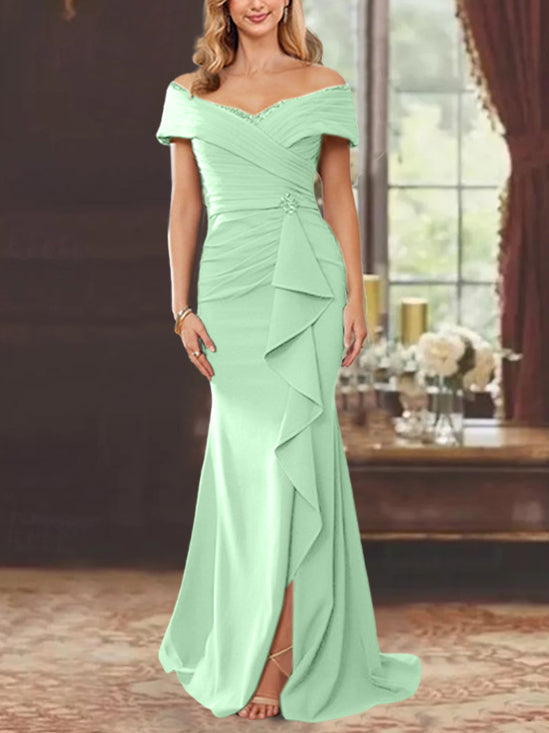 Sheath/Column Off-the-Shoulder Sleeveless Floor-Length Mother of the Bride Dresses With Ruffles