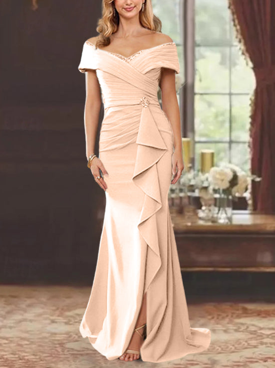 Sheath/Column Off-the-Shoulder Sleeveless Floor-Length Mother of the Bride Dresses With Ruffles