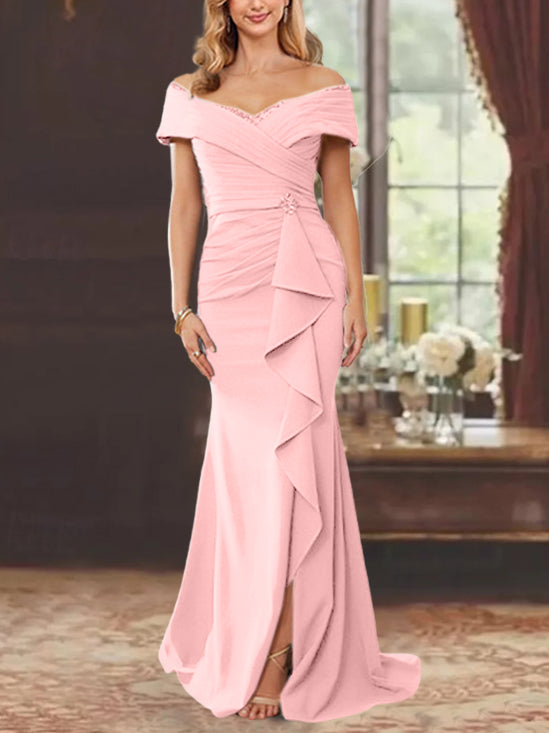 Sheath/Column Off-the-Shoulder Sleeveless Floor-Length Mother of the Bride Dresses With Ruffles