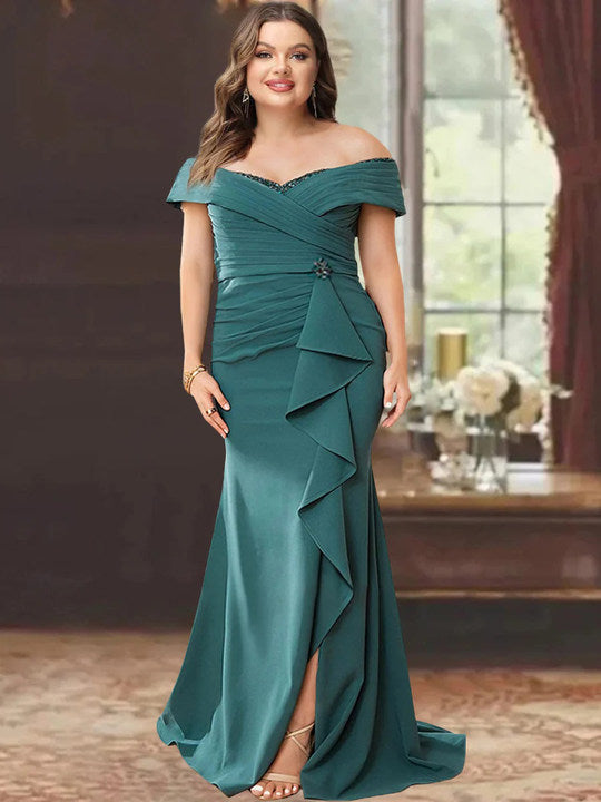 Sheath/Column Off-the-Shoulder Sleeveless Floor-Length Plus Size Mother of the Bride Dresses With Ruffles