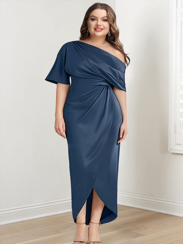 Sheath/Column One-Shoulder Short Sleeves Asymmetrical Plus Size Mother of the Bride Dresses with Ruffles