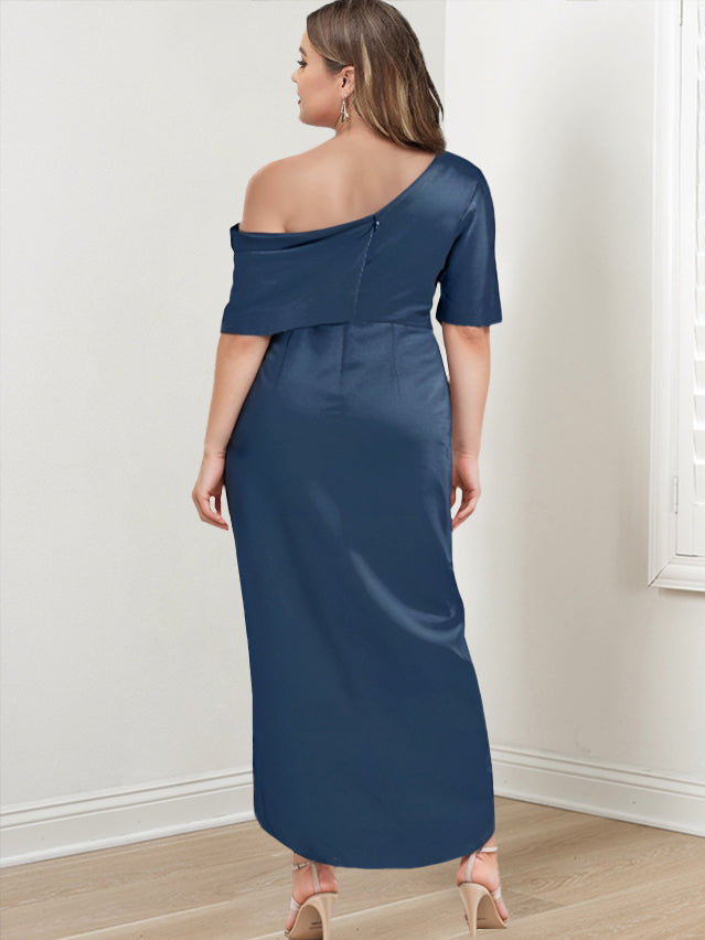 Sheath/Column One-Shoulder Short Sleeves Asymmetrical Plus Size Mother of the Bride Dresses with Ruffles