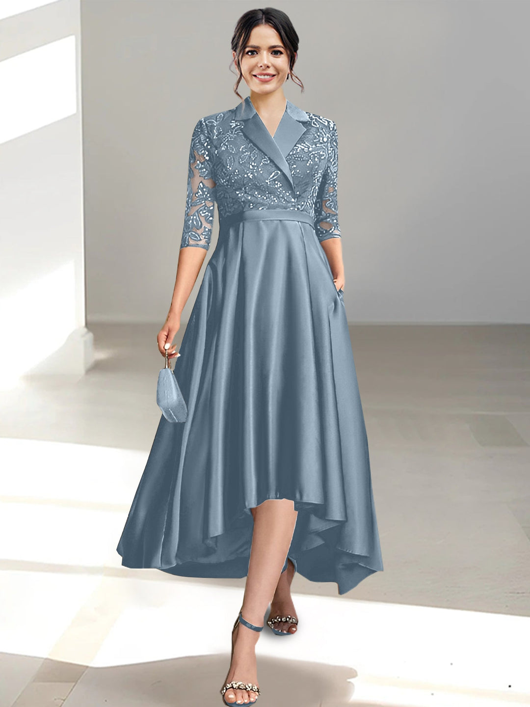 Sheath/Column V-Neck Tea-Length Mother of the Bride Dresses