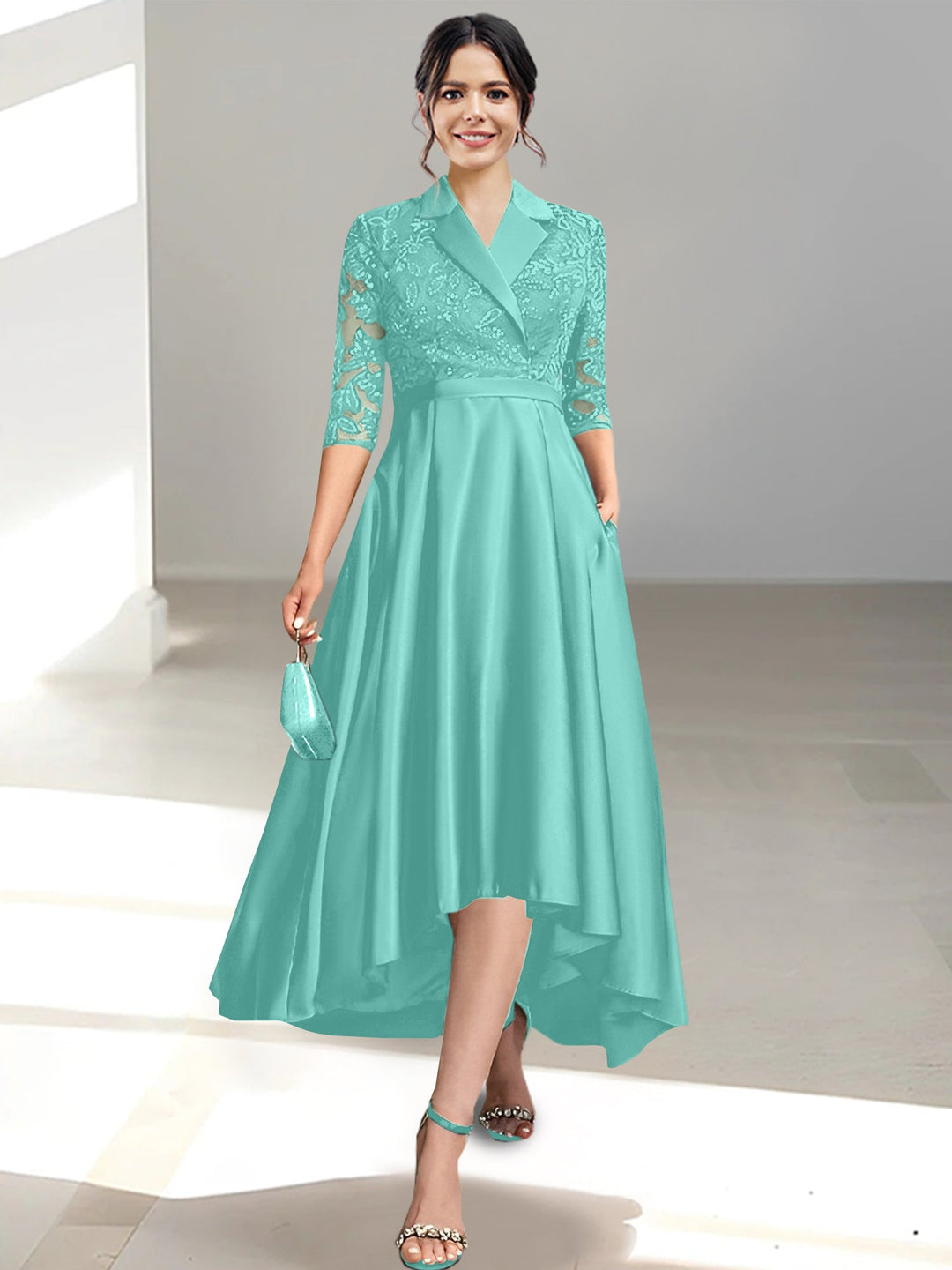 Sheath/Column V-Neck Tea-Length Mother of the Bride Dresses