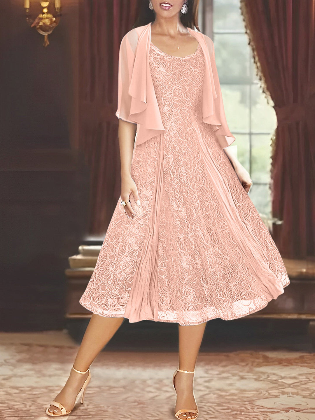 A-Line/Princess Scoop Half Sleeves Tea-Length Mother of the Bride Dresses with Appliques & Jacket