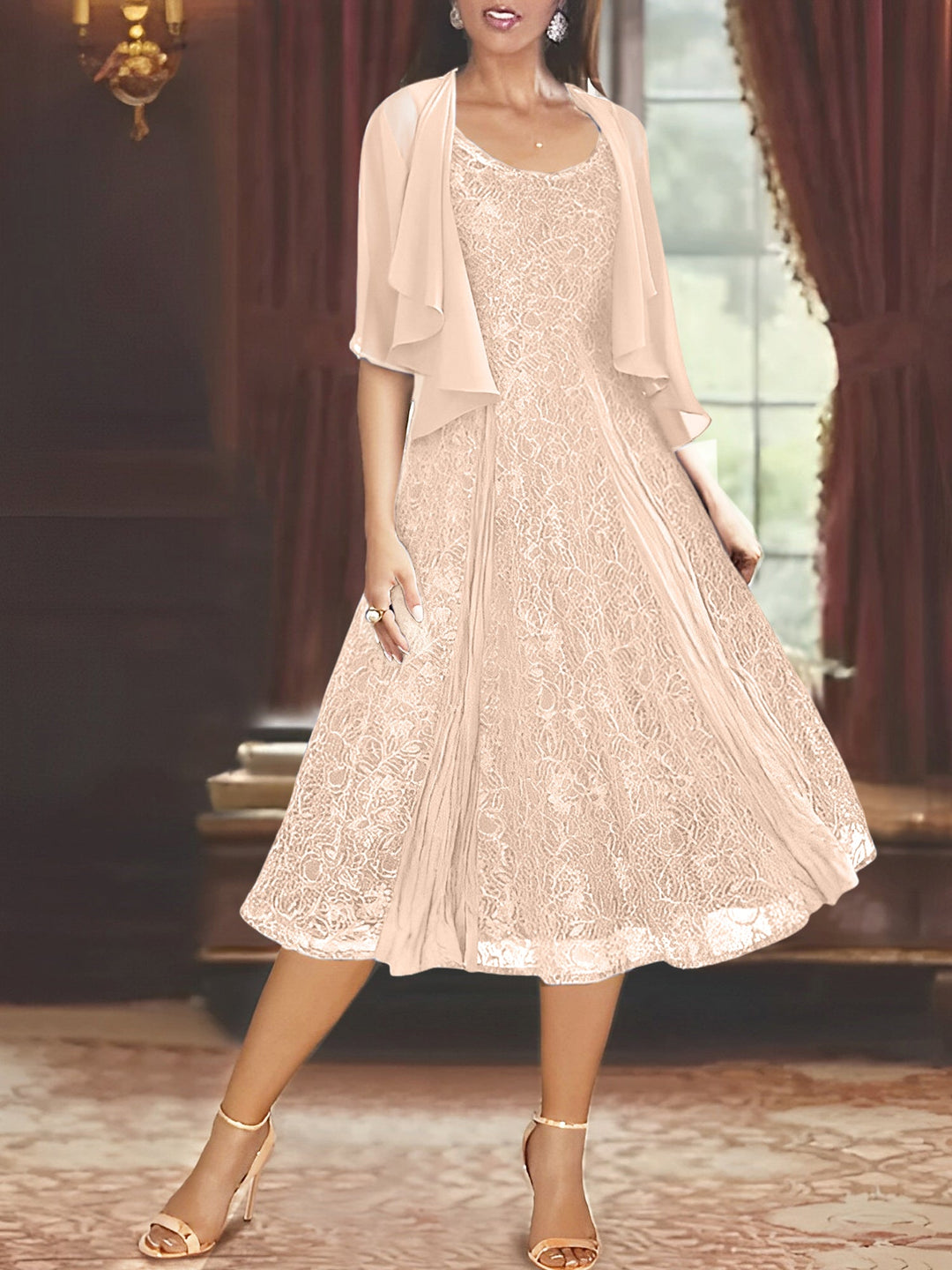 A-Line/Princess Scoop Half Sleeves Tea-Length Mother of the Bride Dresses with Appliques & Jacket