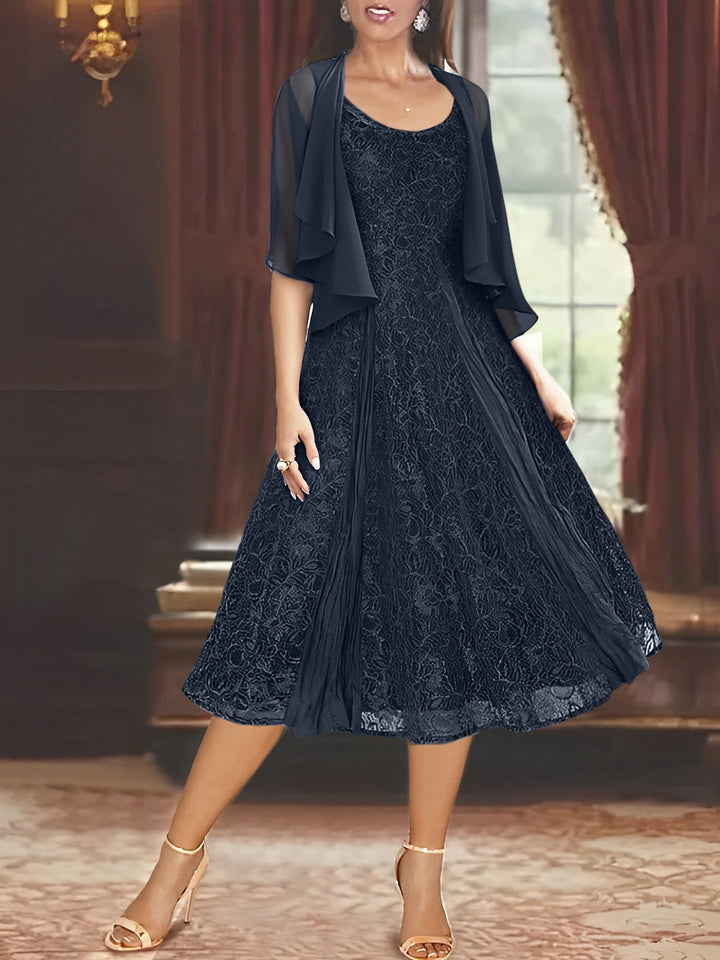 A-Line/Princess Scoop Half Sleeves Tea-Length Mother of the Bride Dresses with Appliques & Jacket