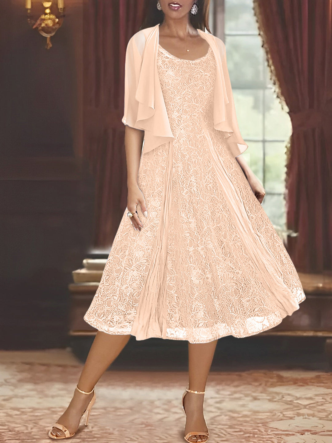 A-Line/Princess Scoop Half Sleeves Tea-Length Mother of the Bride Dresses with Appliques & Jacket