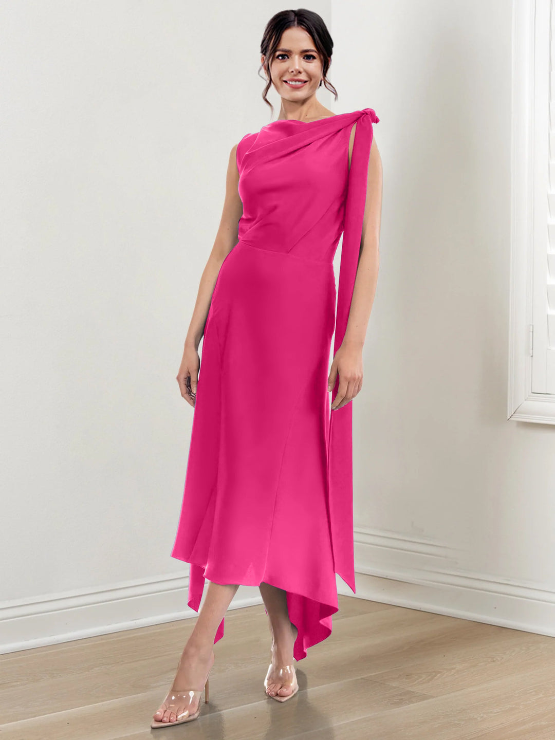 Sheath/Column Jewel Neck Tea-Length Asymmetrical Mother of the Bride Dresses with Ruched