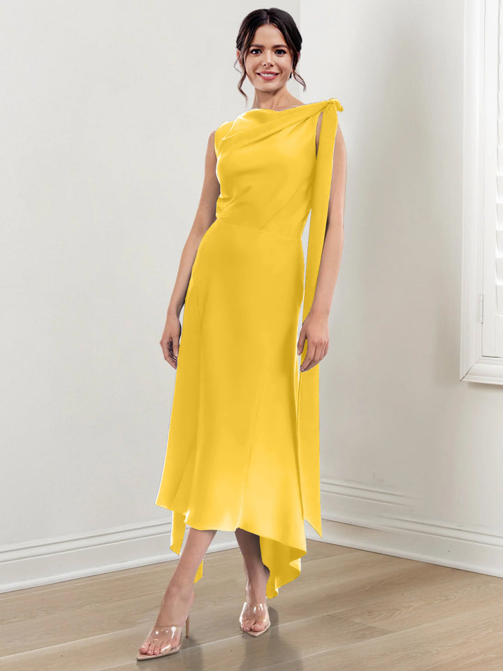 Sheath/Column Jewel Neck Tea-Length Asymmetrical Mother of the Bride Dresses with Ruched