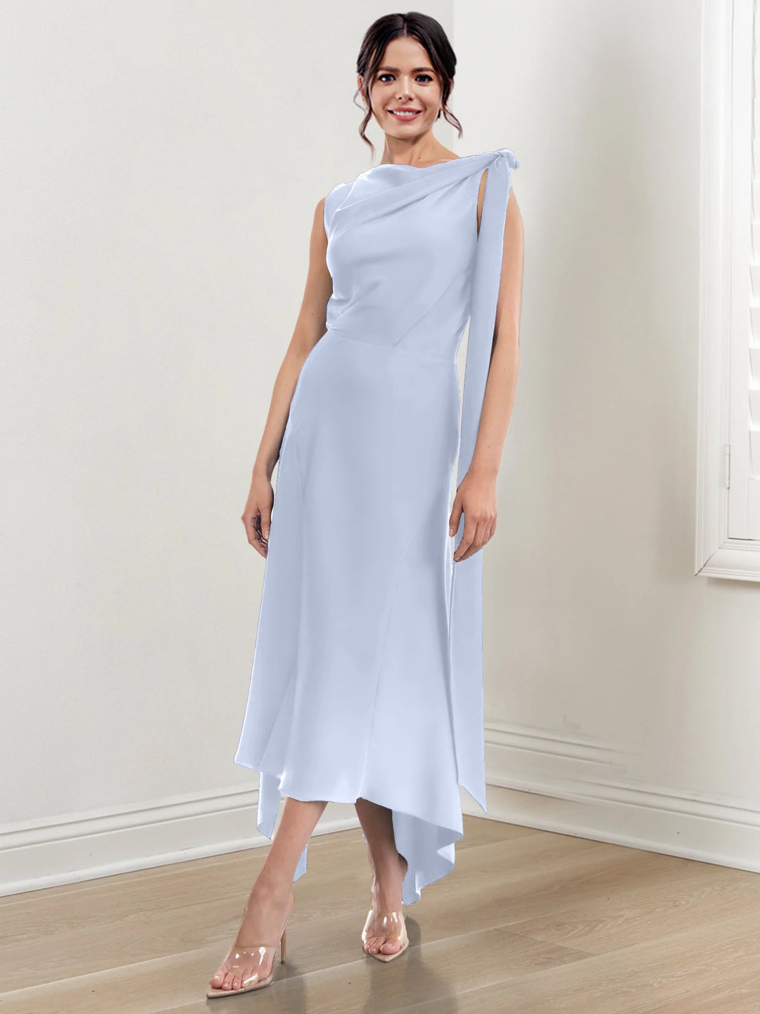 Sheath/Column Jewel Neck Tea-Length Asymmetrical Mother of the Bride Dresses with Ruched