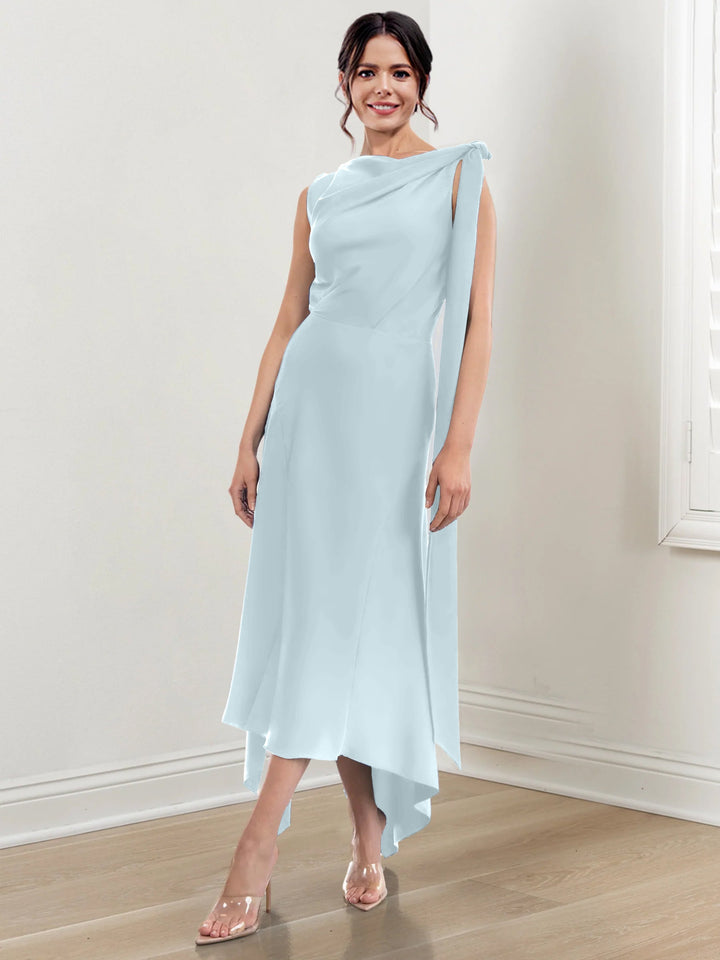 Sheath/Column Jewel Neck Tea-Length Asymmetrical Mother of the Bride Dresses with Ruched