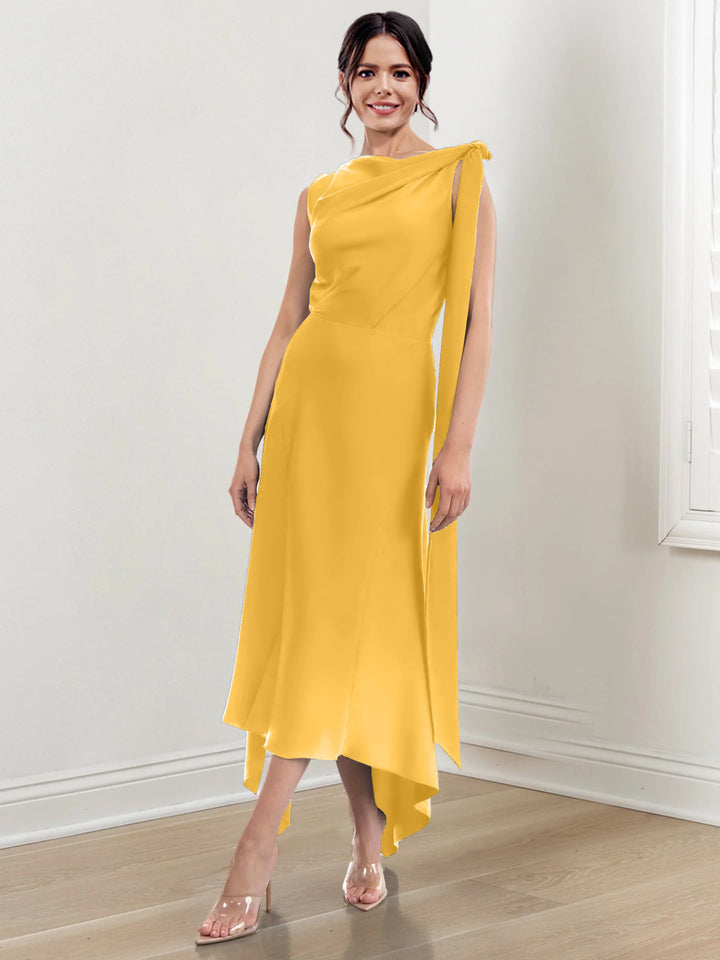 Sheath/Column Jewel Neck Tea-Length Asymmetrical Mother of the Bride Dresses with Ruched