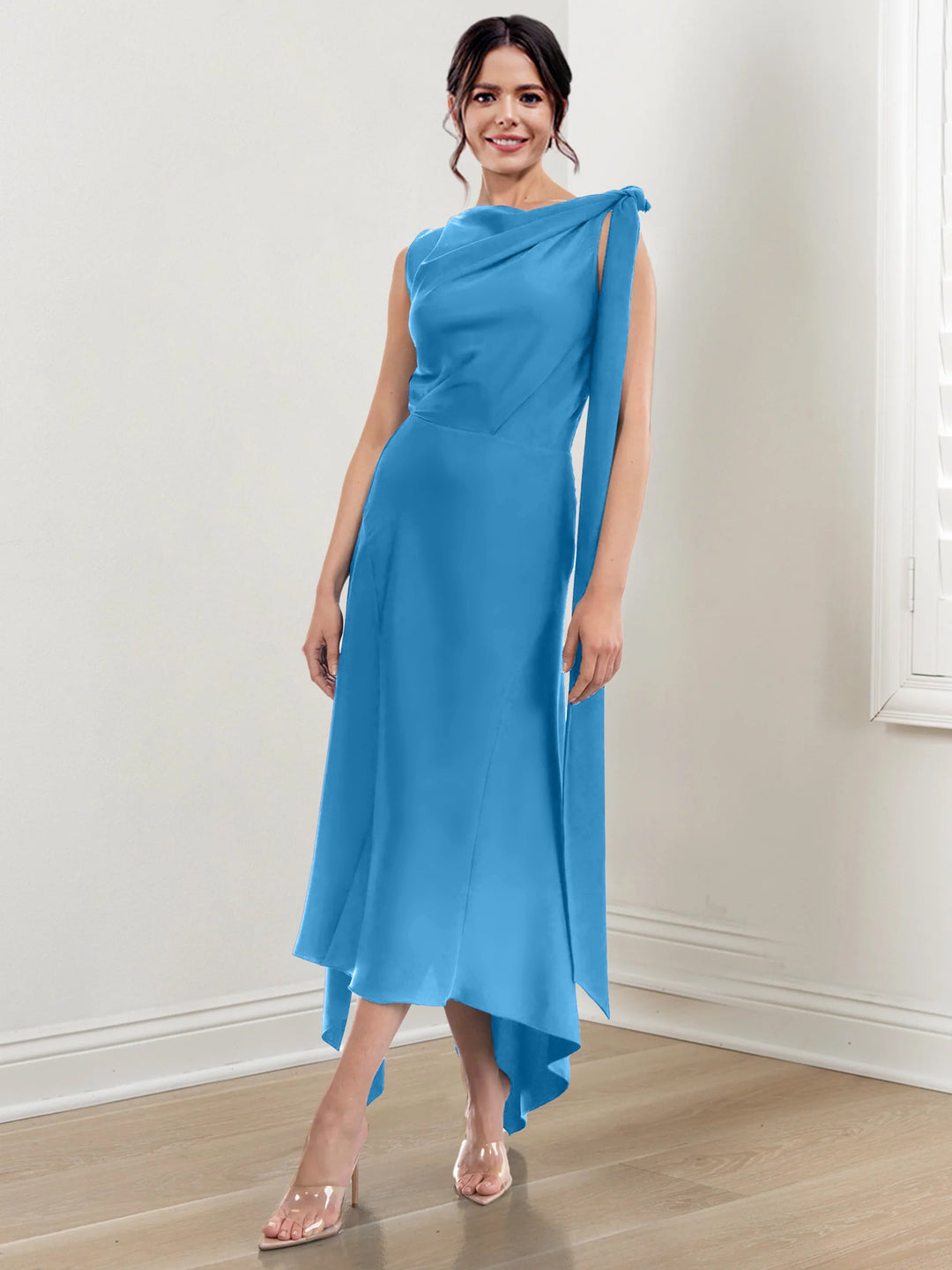 Sheath/Column Jewel Neck Tea-Length Asymmetrical Mother of the Bride Dresses with Ruched