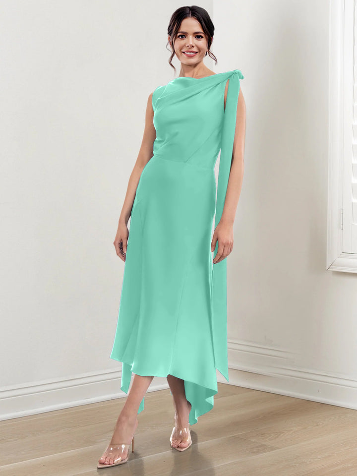 Sheath/Column Jewel Neck Tea-Length Asymmetrical Mother of the Bride Dresses with Ruched