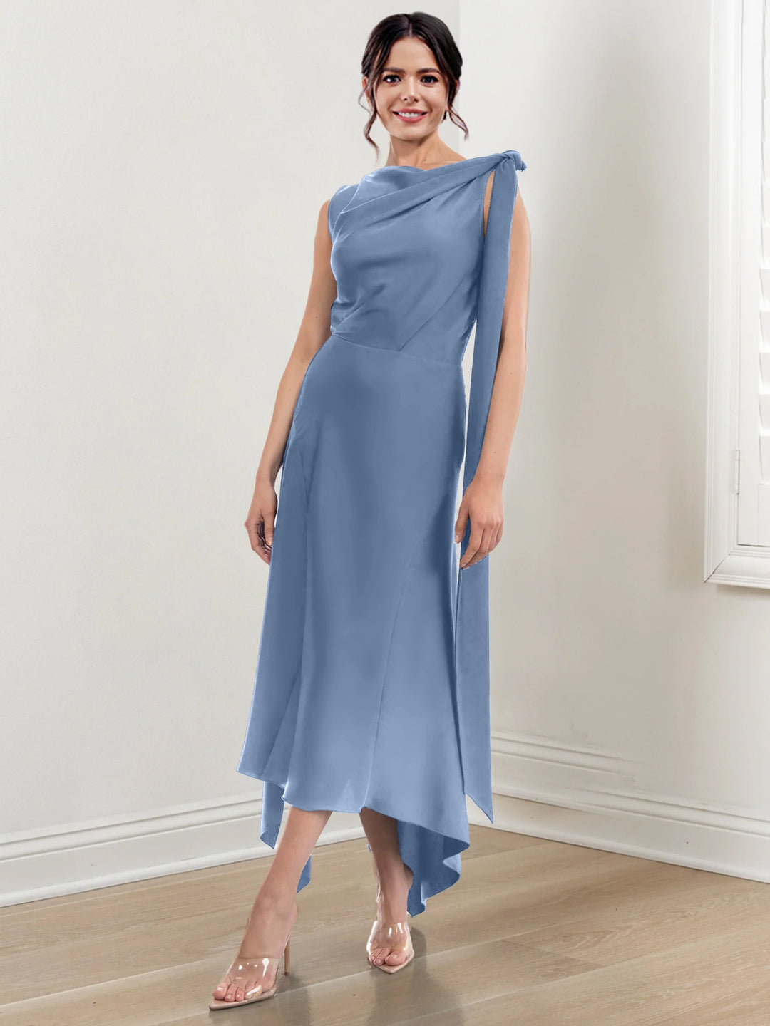 Sheath/Column Jewel Neck Tea-Length Asymmetrical Mother of the Bride Dresses with Ruched