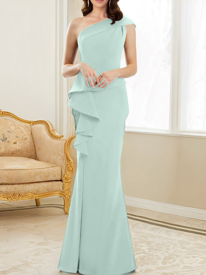 one shoulder mist blue floor length mother of the bride dress