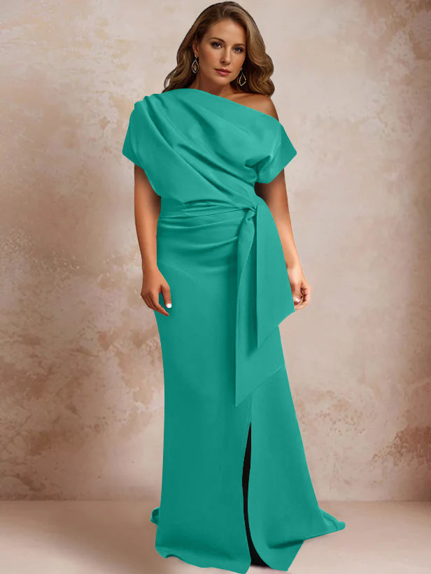 Trumpet/Mermaid One-Shoulder Short Sleeves Floor-Length Plus Size Mother of the Bride Dresses with Ruffles & Split Side