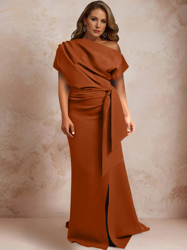 Trumpet/Mermaid One-Shoulder Short Sleeves Floor-Length Plus Size Mother of the Bride Dresses with Ruffles & Split Side