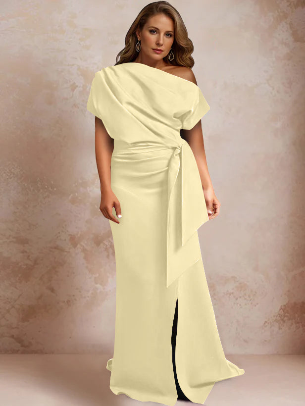 Trumpet/Mermaid One-Shoulder Short Sleeves Floor-Length Plus Size Mother of the Bride Dresses with Ruffles & Split Side