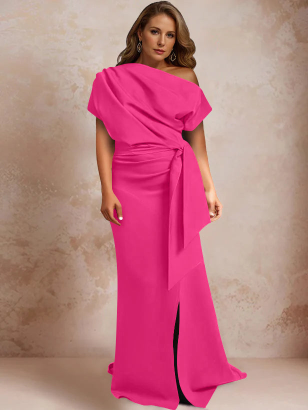 Trumpet/Mermaid One-Shoulder Short Sleeves Floor-Length Plus Size Mother of the Bride Dresses with Ruffles & Split Side