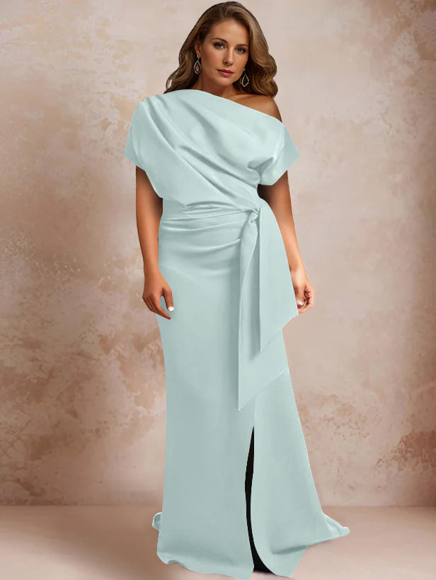 Trumpet/Mermaid One-Shoulder Short Sleeves Floor-Length Plus Size Mother of the Bride Dresses with Ruffles & Split Side