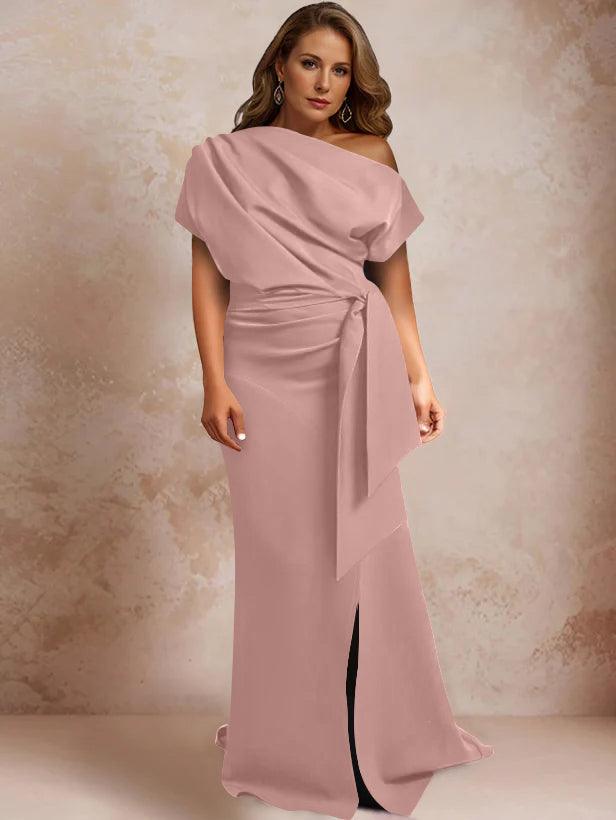 Trumpet/Mermaid One-Shoulder Short Sleeves Floor-Length Plus Size Mother of the Bride Dresses with Ruffles & Split Side