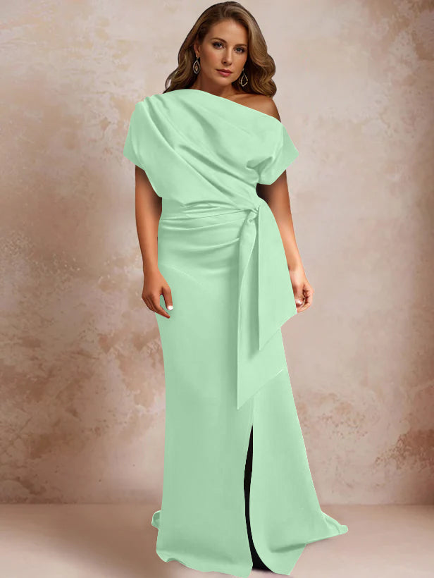 Trumpet/Mermaid One-Shoulder Short Sleeves Floor-Length Plus Size Mother of the Bride Dresses with Ruffles & Split Side